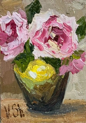 ACEO Original Oil Painting Peonies Flowers Vase Art Impasto Signed - Image 1 of 4