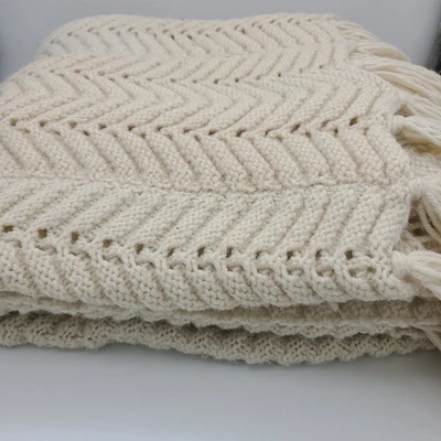 Knitted Wool Chevron Pattern Through Blanket  69"X57" + Tassels - Image 1 of 4