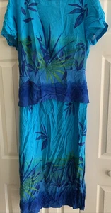Fashion Bug Women’s Size 16 Long Dress Vtg Blues/green Palm Fronds - Picture 1 of 8