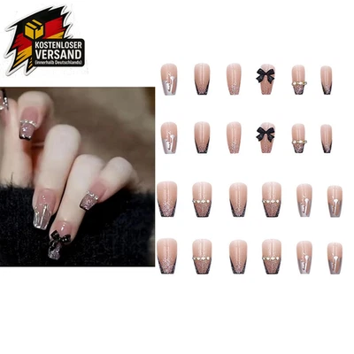 24 Stück Press on Nails French Tipp Fake Nails,Mittellang Strass Rosa Nägel Zum  - Bild 1 von 4