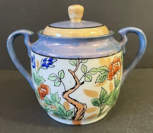 Chikaramachi Lusterware Porzellan Zuckerdose Senfdose blau Blumengriff Deckel - Bild 1 von 9