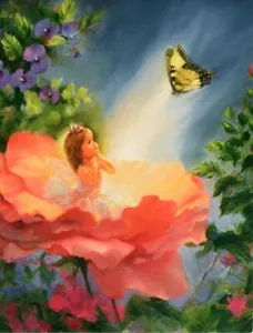 Pink Blossom Fairy Girl & Yellow Butterfly Garden Blank Note Cards - Set of 4 - Picture 1 of 2