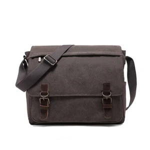 Men's Vintage Canvas Leather School Military Shoulder Messenger Bag Satchel - Picture 1 of 3