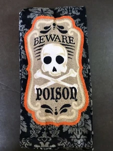 2 HALLOWEEN DAMASK BEWARE POISON LABEL KITCHEN TOWELS SKULL CROSSBONES - Picture 1 of 6