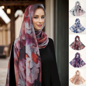 Gradient Tie Dyed Chiffon Shawl Muslim Islamic Watercolour Floral Printed Hijabs - Picture 1 of 34