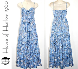House of Harlow Bow Tie Front Linen Blend Tiered Maxi Dress in Blue Multi  sz M - Picture 1 of 18