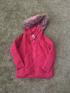 Old Navy Womens Parka Winter Coat Hooded Insulated Lined Red Faux Fur Trim Sz M - Picture 1 of 6