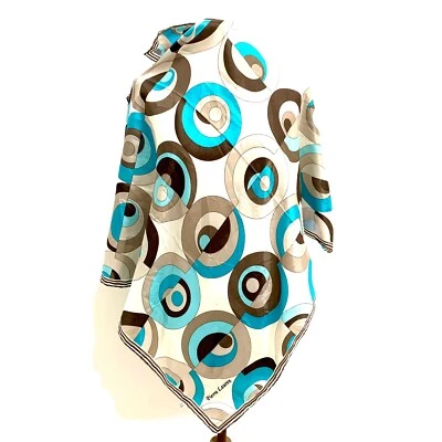 "Bufanda de poliéster Pierre Lauren 35"" cuadrada azul geométrica vintage envoltura de lujo #A71" Foto 1 de 4