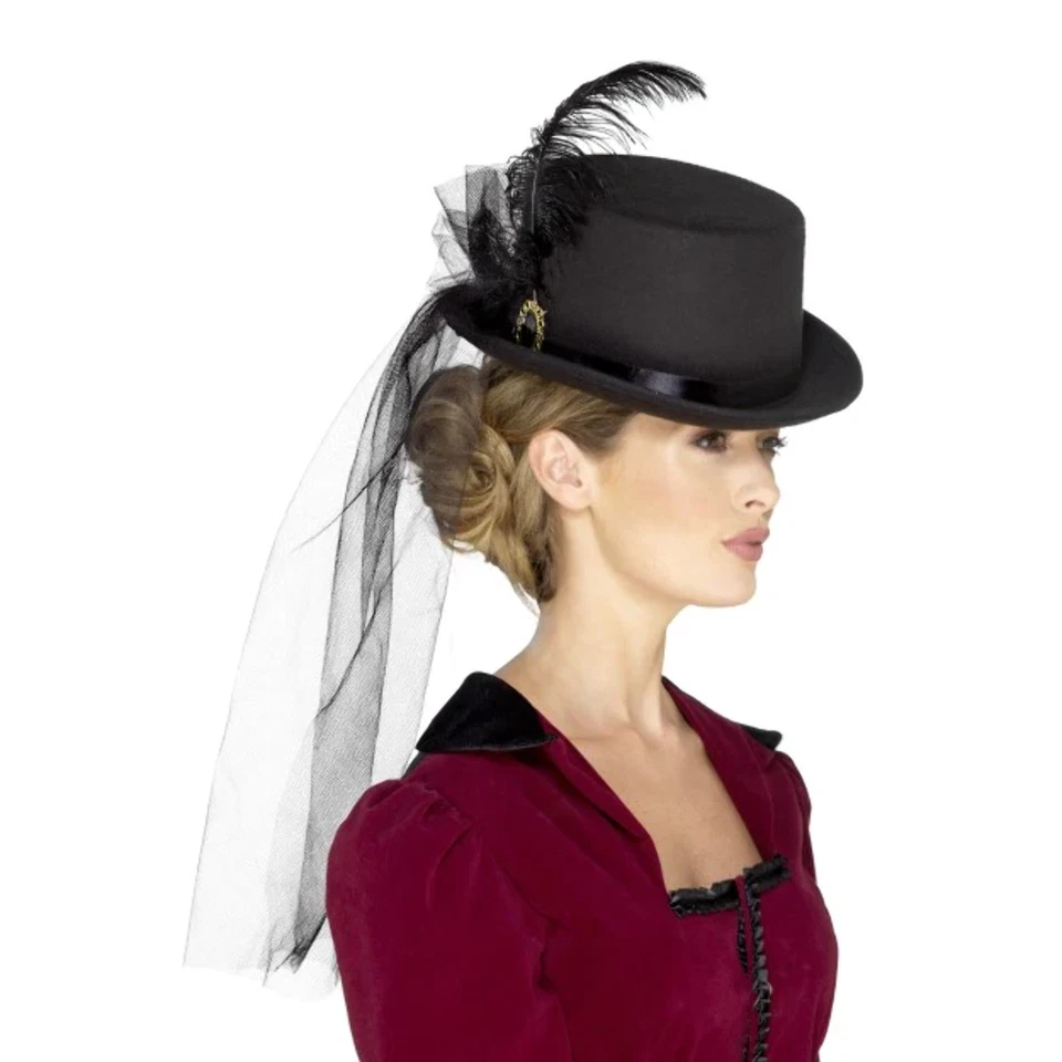 Black Victorian Top Hat With Veil Feathers Brooch Ladies Fancy Dress - Image 1 of 1
