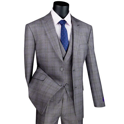 VINCI Men's Gray Glen Plaid 3pc 2-Button Modern Suit w/ Peak Lapel - NEW - Image 1 of 3