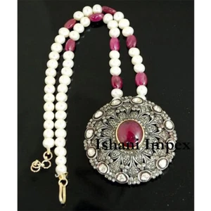 Collana gioielli in argento sterling 925 con diamanti taglio rosa naturale e perle polki - Foto 1 di 5