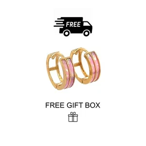 Pendientes de aro Huggie de ópalo rosa claro doble fila de oro amarillo de 14k - Imagen 1 de 2