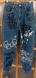 Graffiti Pants S.O.N.G Denim Jogger Jeans Size 7/28 Elastic Ankle NWOT - Picture 1 of 9