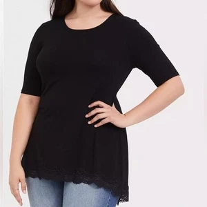 Torrid Super Soft Knits Lace Trim Tunic Tee Black Size 1X High Low Hem Stretch - Picture 1 of 10