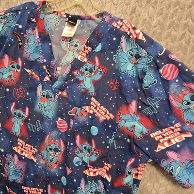 Cherokee Tooniforms Disney Stitch Scrub Top Size Large V Neck Unisex  - Image 1 of 4