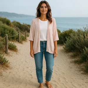 Hem and Thread Damen Medium rosa Blumen transparent Fransen Saum offen Sommer Cardigan M - Bild 1 von 10
