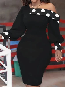 Women Plus Size Long Sleeves Black Dress w/white Polka Dots Trims Collar/Sleeves - Picture 1 of 4