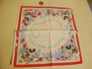 Vintage Disney MICKEY MOUSE HANKIE Hanky Raking Leaves w Basket Handkerchief! - Picture 1 of 4