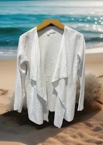 Eileen Fisher Cardigan Sweater L White Linen Cotton Blend Long Sleeve Slub Boho - Picture 1 of 7