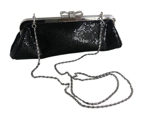 Kate Landry Rhinestone Bow Clasp Clutch Purse Black Mesh Silver Tone Link Strap - Picture 1 of 9