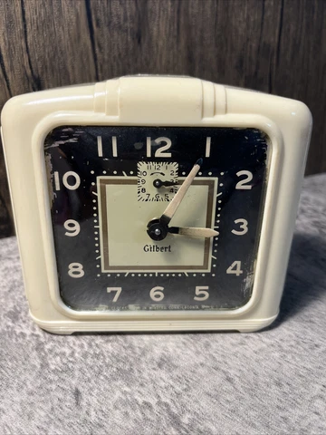 Vintage GILBERT Art Deco Desk Clock With Alarm WORKS! Cream white w/black & gold Cover