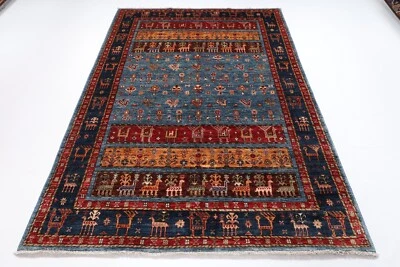 6x8 ft Animal Blue Area Rug Afghan Hand Knotted 100% wool bedroom living room - Image 1 of 4