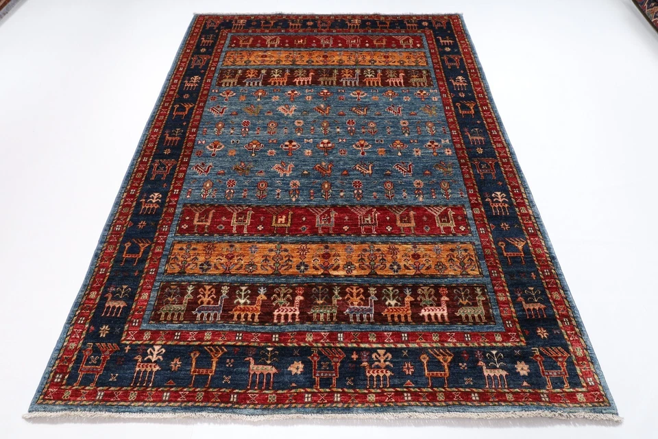 6x8 ft Animal Blue Area Rug Afghan Hand Knotted 100% wool bedroom living room - Image 1 of 4