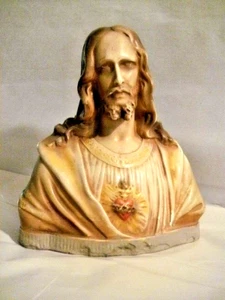 ANTIQUE 1920'S JESUS CHRIST BUST SACRED HEART CHALK WARE NIERI BERNARDI CANADA - Picture 1 of 12