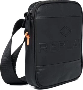 Replay Embossed Logo Detail Waxed Denim Crossbody Mens Bag In Black - Picture 1 of 3