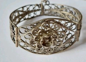 Vintage Silver Cannetille Floral Filigree Cuff Clasp Bracelet VTG Womens Jewelry - Picture 1 of 8
