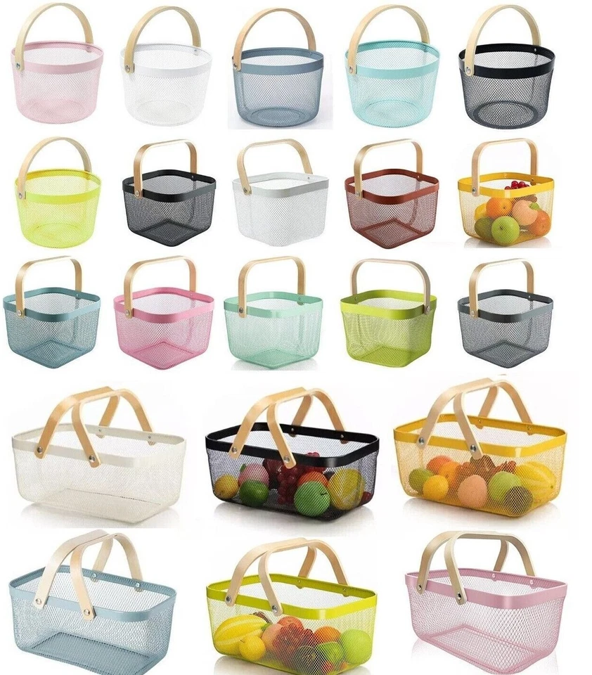 Obstkörbe Aufbewahrungskorb mit Holz Henkel, Drahtkörbe Metallkorb Korb Metall - Bild 1 von 4