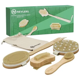Nevlers Natural Boar Body Brush Set Cellulite Massage Brush Dry Brush Exfoliate - Picture 1 of 9