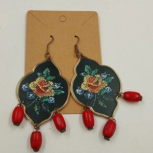 Gold Tone with Floral Tapestry Look on Black w Red Drop Beads Earrings Jewelry - Picture 1 of 4