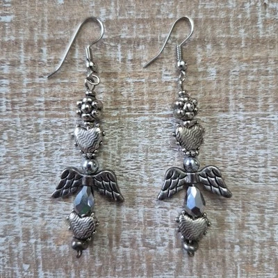 VTG Angel Wing Heart Dangle Hematite Earrings Faith Celestial Christian Jewelry  - Image 1 of 4