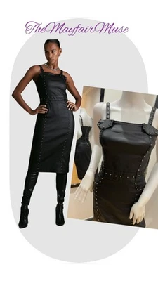 Karen Millen Size UK8  EU36 US4 BLACK PANEL SILVER STUD STRETCH DENIM MIDI DRESS - Image 1 of 4