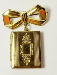 Spilla spilla medaglione e fiocco vintage libro tono oro - Foto 1 di 8