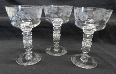 Bryce Stem 625 Set of 3 Cut & Etched Glass Saucer Champagnes 5 7/8" USA - Image 1 of 4