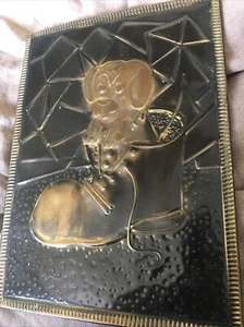 Antique - Russian - Brass Plate - Art - Relief Panel - Puppy - Shoe - Repousse - Picture 1 of 5