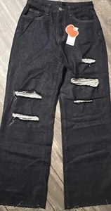 Cider Women’s Super Baggy Wide Leg Dark Wash High Rise Distressed Blue Jeans NWT - Picture 1 of 12