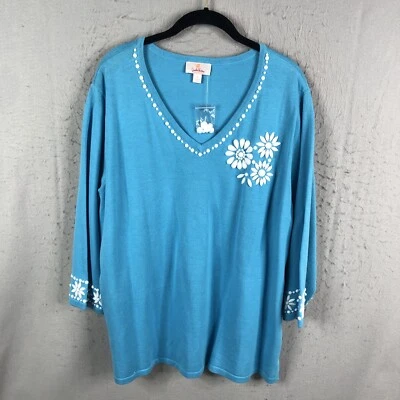 Quacker Factory Sweater Womens 1X Plus Size Blue White Beaded Artsy Beach NEW - Image 1 of 4