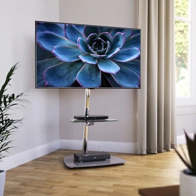 MAHARA Column TV Mount Stand - Grey & Chrome - up to 55" Universal VESA, Glass Shelves