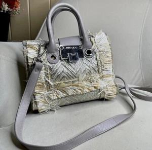 JIMMY CHOO 2-WEGE Schultertasche Handtasche leicht metallic gewebt & Raffia Leder taupe - Bild 1 von 8