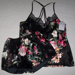 NWT In Bloom by Jonquil BLACK/PINK FLORAL ROMANCE SATIN Pajama Shorts Set S Lace - Picture 1 of 6