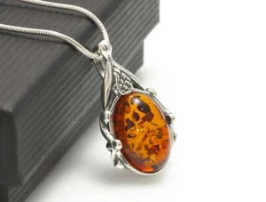NATURAL BALTIC AMBER Jewellery Gemstone STERLING SILVER 925 PENDANT NECKLACE - Picture 1 of 9