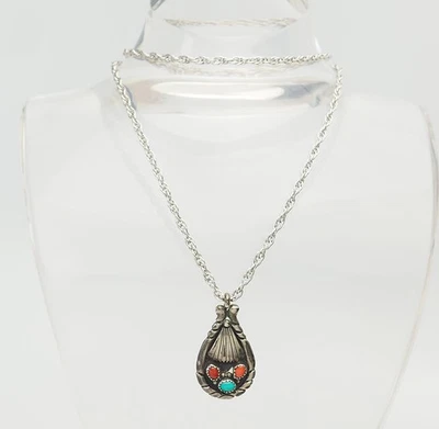 Collana Pendente In Argento Sterling Vintage Fatta A Mano Con Corallo E Turchese - Immagine 1 di 4