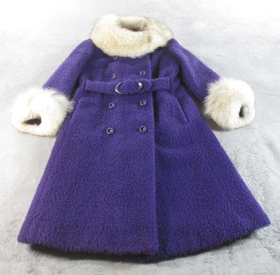 Vintage 1960s Katzman Coat Womens Med Purple Wool Fox Fur Trim Belted EUC - Image 1 of 4