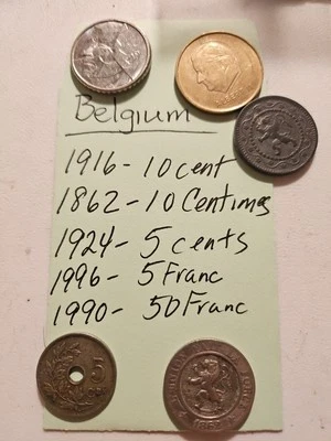 Belgium 1862 10 Centimes, 1916 10 Cents, 1924 5 Cents, 1990 50 Francs, 1996 5... - Image 1 of 2