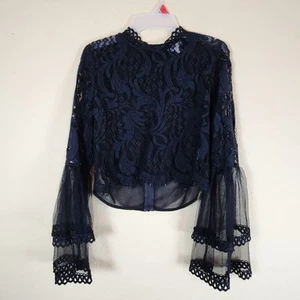 Maglia nera pizzo impreziosito manica lunga capriccioso cropped strappato polsini a campana XL - Foto 1 di 13