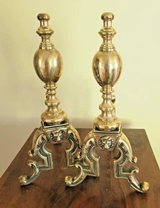 BRASS PAIR of ANDIRONS/FIRE DOGS with LION HEAD DETAIL - Picture 1 of 10