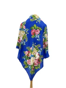 Club 7 Echo Silk Scarf Blue Floral Print Square Made in Japan Vintage #A124 - Picture 1 of 6